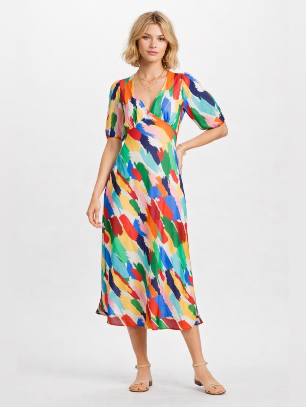 Julia Jordan Multicolor Midi Dress | Puff Sleeve Open Back Tie Dress Sz. 8